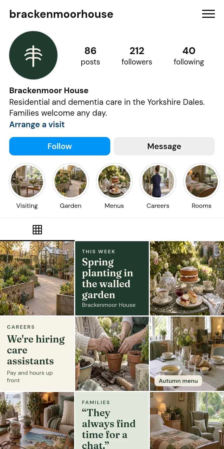 Brackenmoor House's new Instagram: a consistent feed of the garden, meals, activities, a job advert and a family's quote, in the home's own colours.