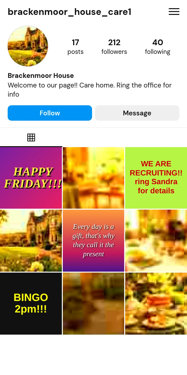 Brackenmoor House's old Instagram: a sparse feed of clip-art posts and blurry photos.