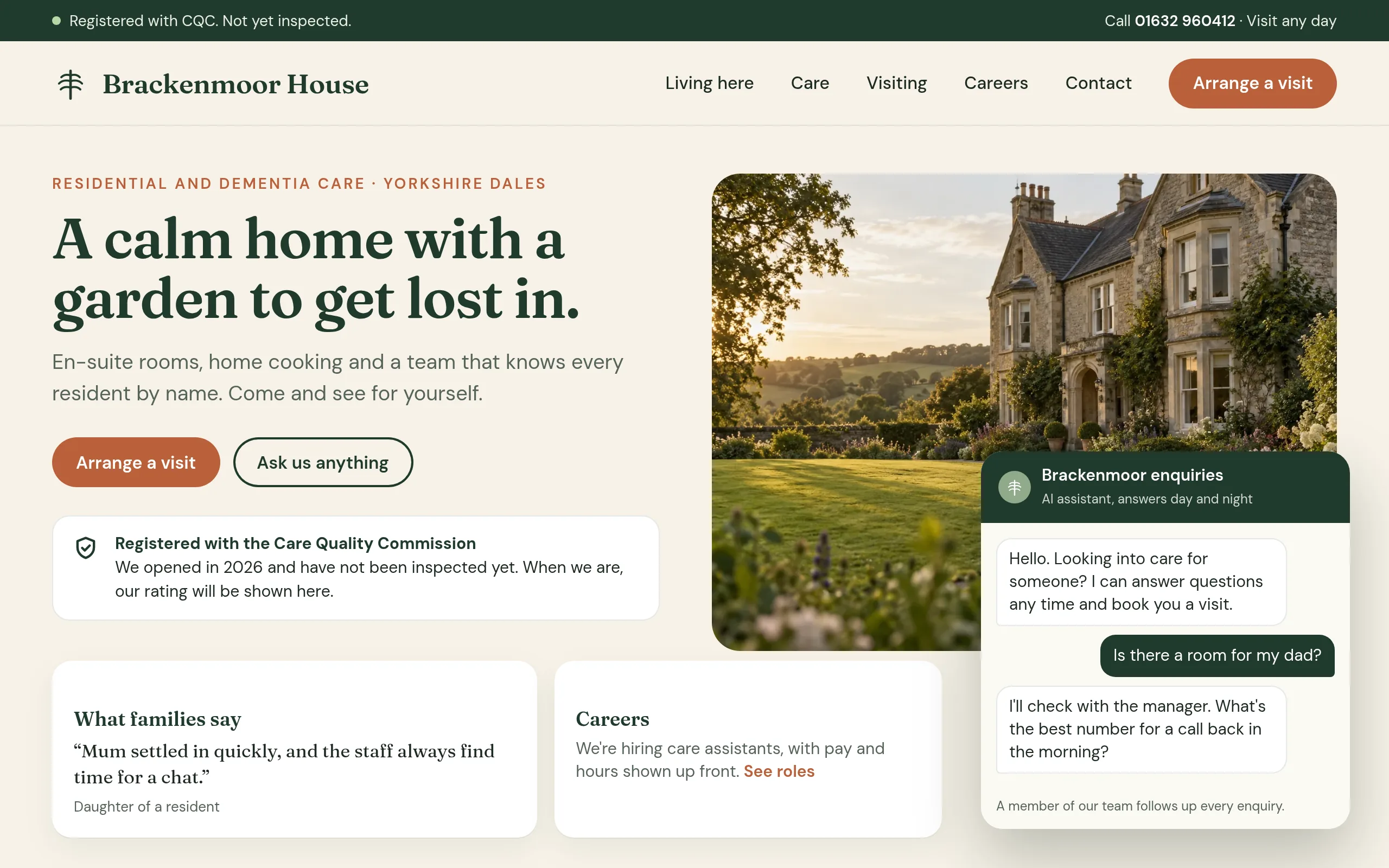 Brackenmoor House's new website: a calm design that says it is registered with CQC and not yet inspected, with an Arrange a visit button, a family's review, a careers link and an AI enquiry chat.