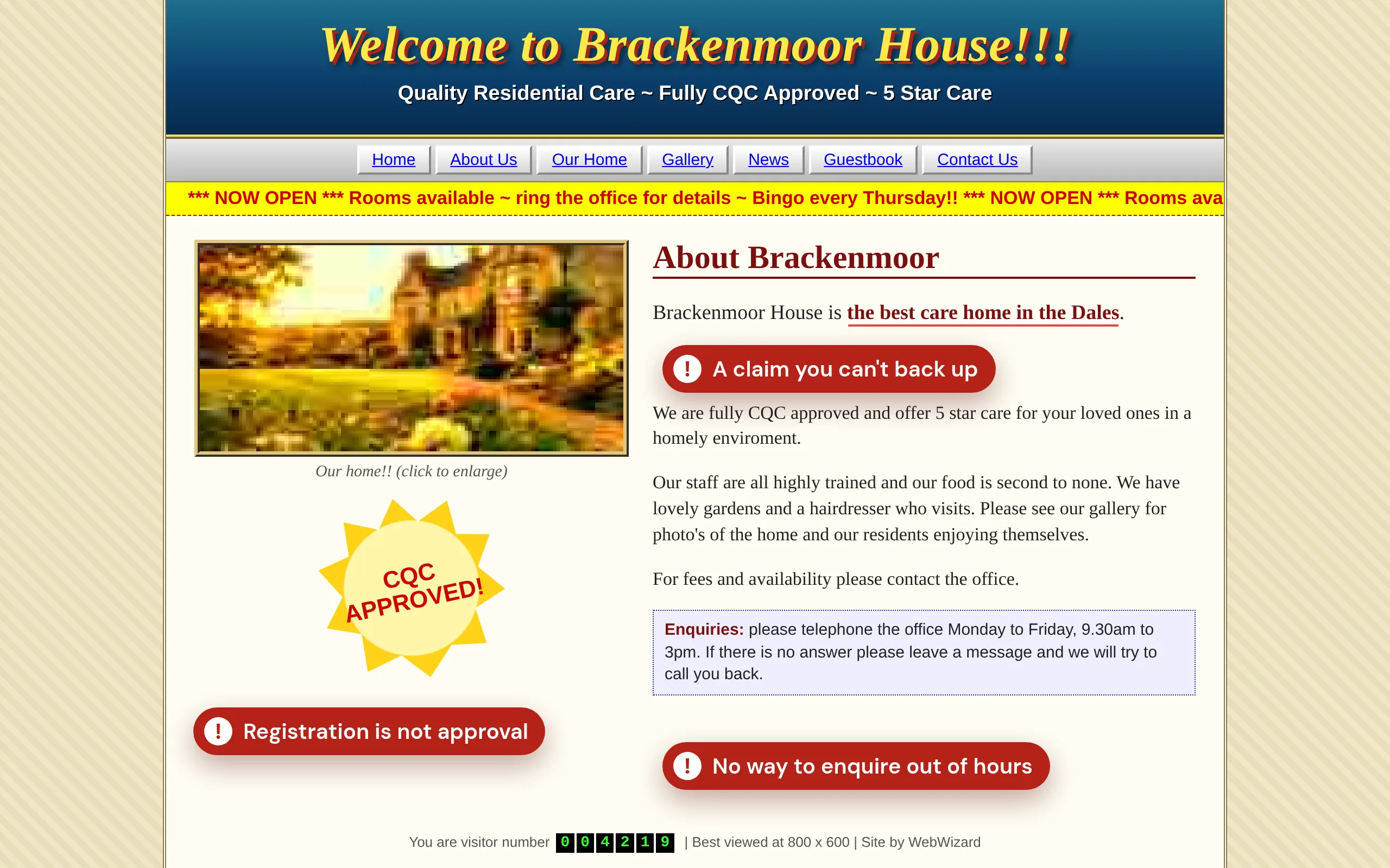 Brackenmoor House's old website: a cluttered page calling itself CQC approved and the best care home in the Dales, taking enquiries by phone in office hours only. Three problems are flagged in red.
