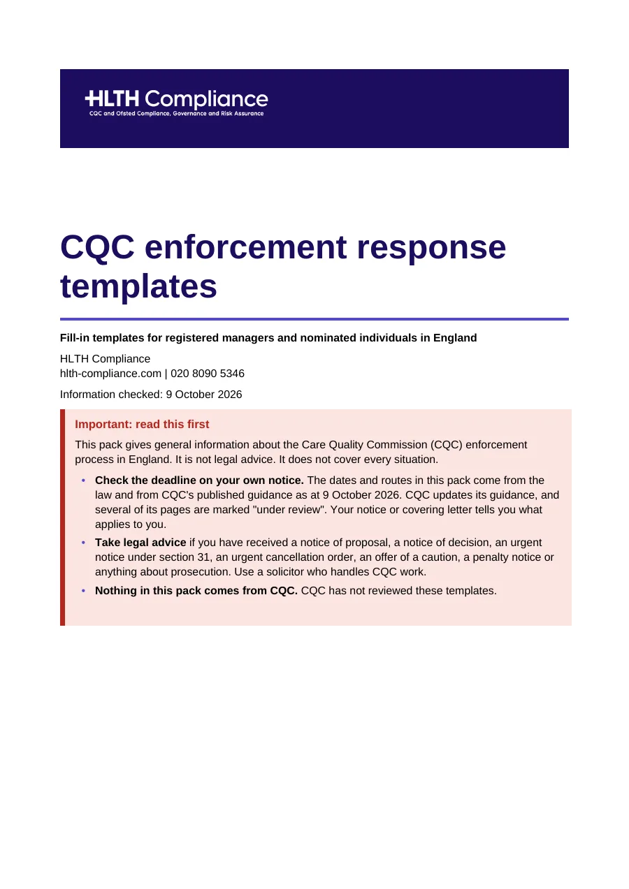 Cover of the HLTH Word pack CQC enforcement response templates