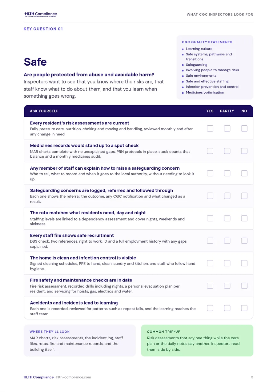 A guide page for the Safe key question: its quality statements and a Yes, Partly or No checklist