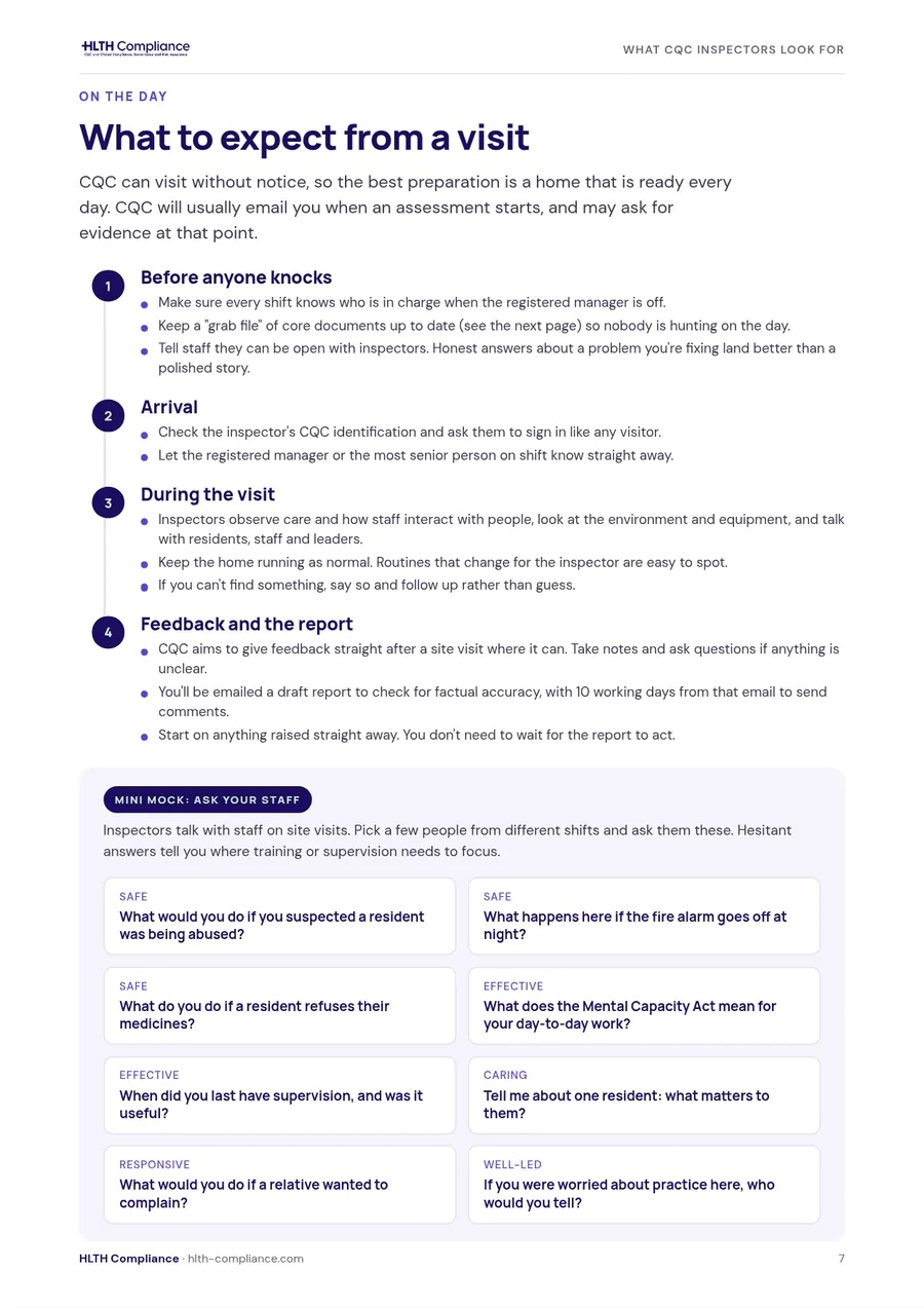 A guide page on what to expect from a visit, with eight questions to ask your staff