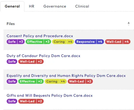HLTH Manage policy library: policies tagged to the CQC key questions Safe, Effective, Caring, Responsive and Well-led, beside the CQC Framework menu.