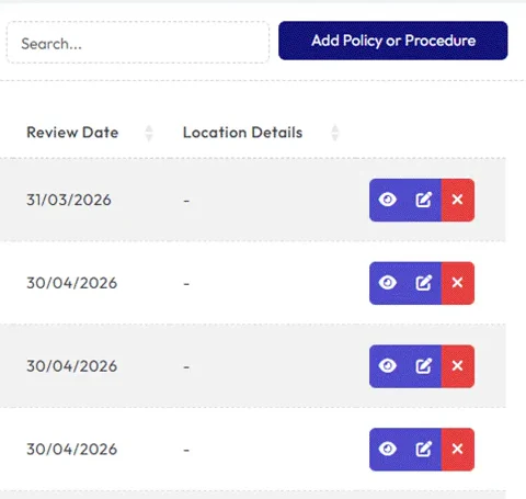 The right-hand side of the HLTH Manage policy table: a search box, an Add Policy or Procedure button, then a review date and view, edit and remove buttons on each row.